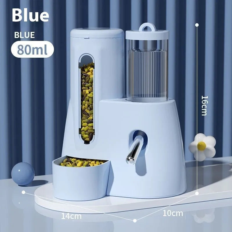 A white, blue, or pink plastic automatic water feeder and food basin for hamsters, available in large or small size.