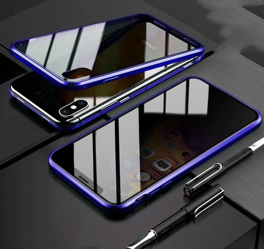 Clamshell anti-spy phone case in six colours showing tempered glass construction for iPhone privacy protection