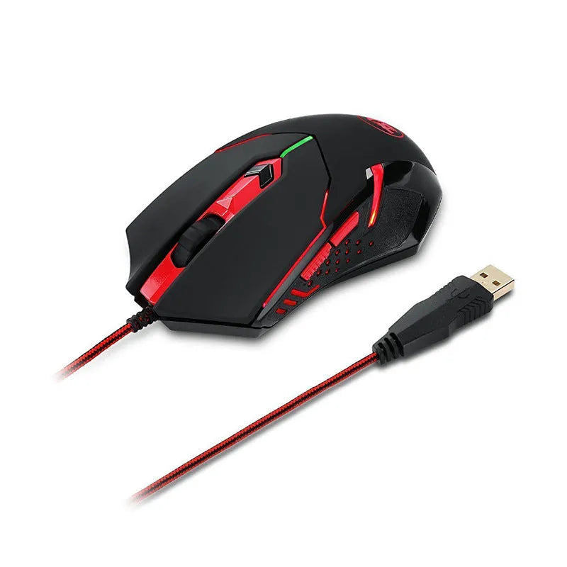 Black and red USB wired gaming mouse with six buttons and adjustable DPI settings on a desktop.