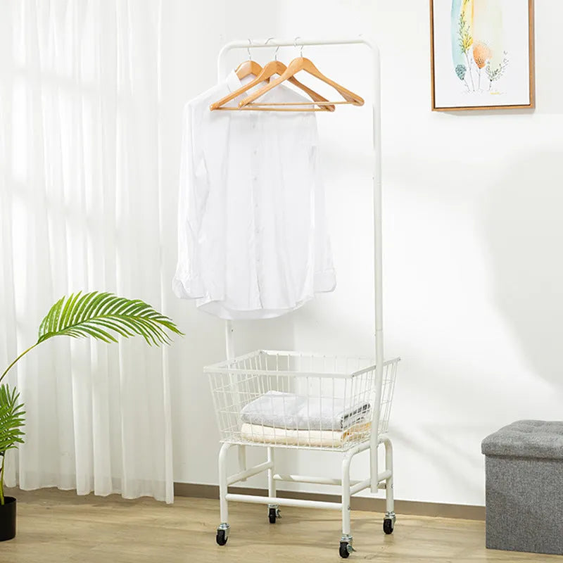 Single rod pulley storage car for wardrobe organisation with iron construction and caster wheels