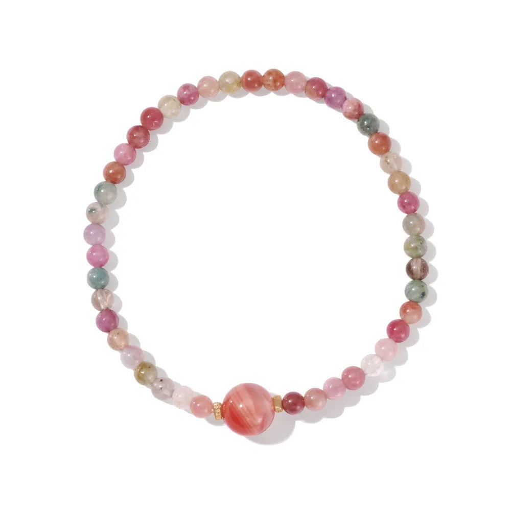 S925 sterling silver bracelet for women with natural tourmaline agate gold geometric round design