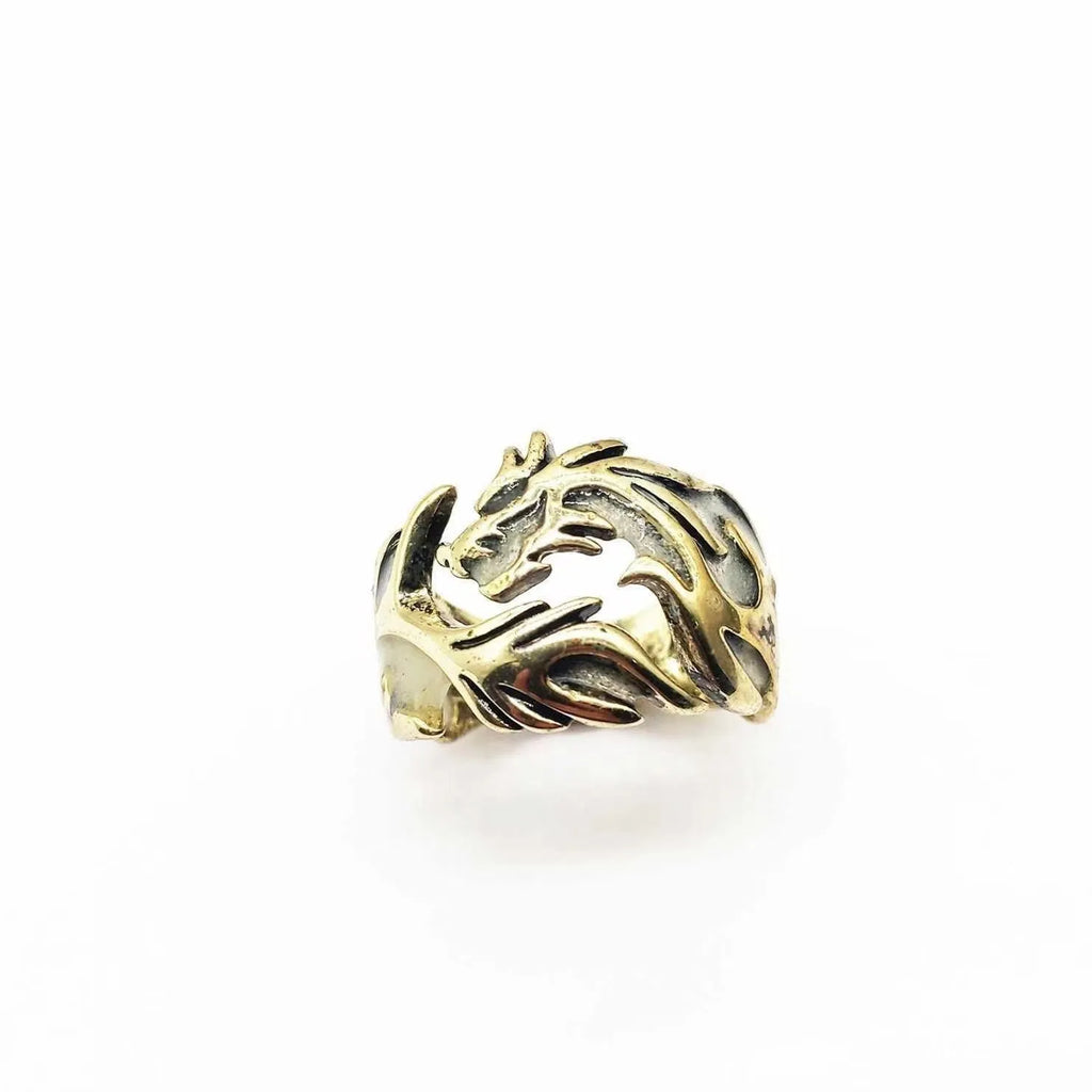 Close-up of an adjustable silver blue and green metal ring with a Chinese dragon pattern.