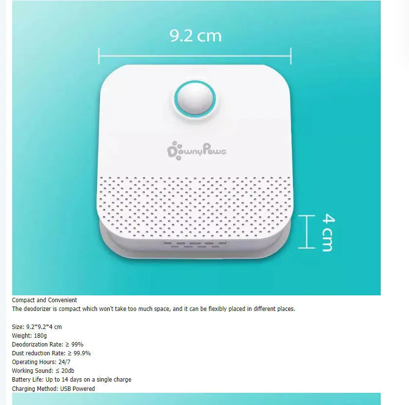 White DownyPaws 4000mAh smart cat litter odor purifier unit showing compact size.