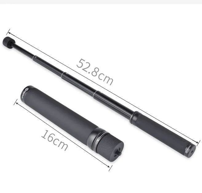 Black retractable aluminium selfie stick extended to 100cm with smartphone attached and Bluetooth remote.