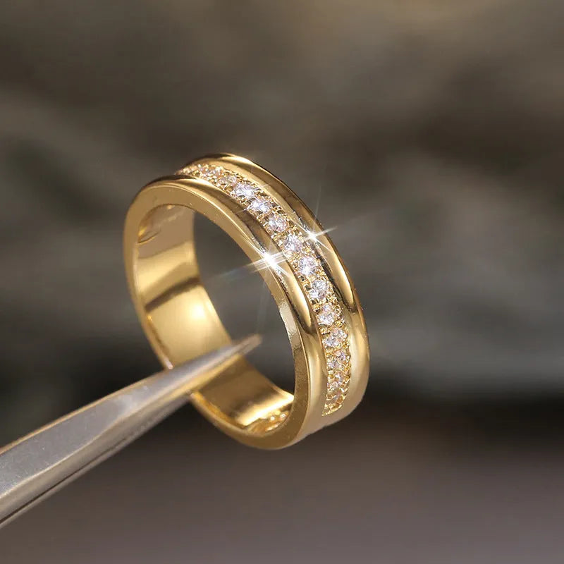 Copper ring with gold plating and inlaid zircon stones geometric design gold colour