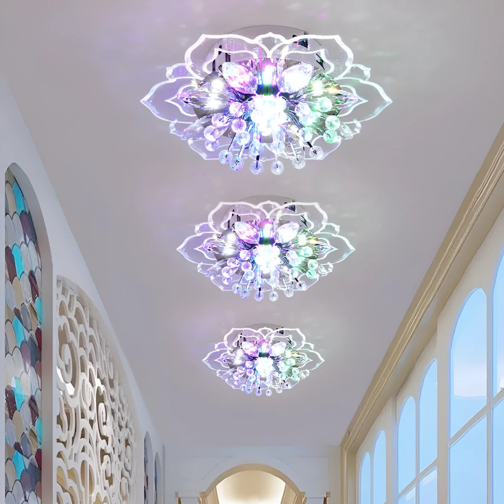 Modern crystal ceiling lamp with flower-shaped shade and 9W LED light in white, coloured, or warm light options