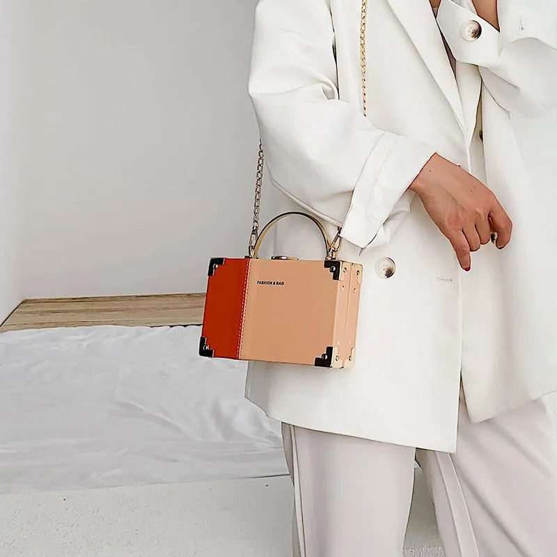 Handle box design ladies party clutch bag in PU leather with long chain, 19cm length, Orange colour