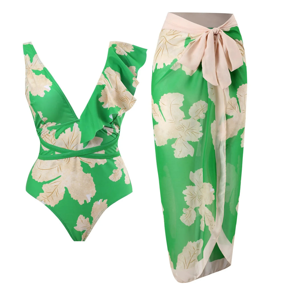 Women's one-piece swimsuit in conservative belly-covering French retro style with printed polyester fabric