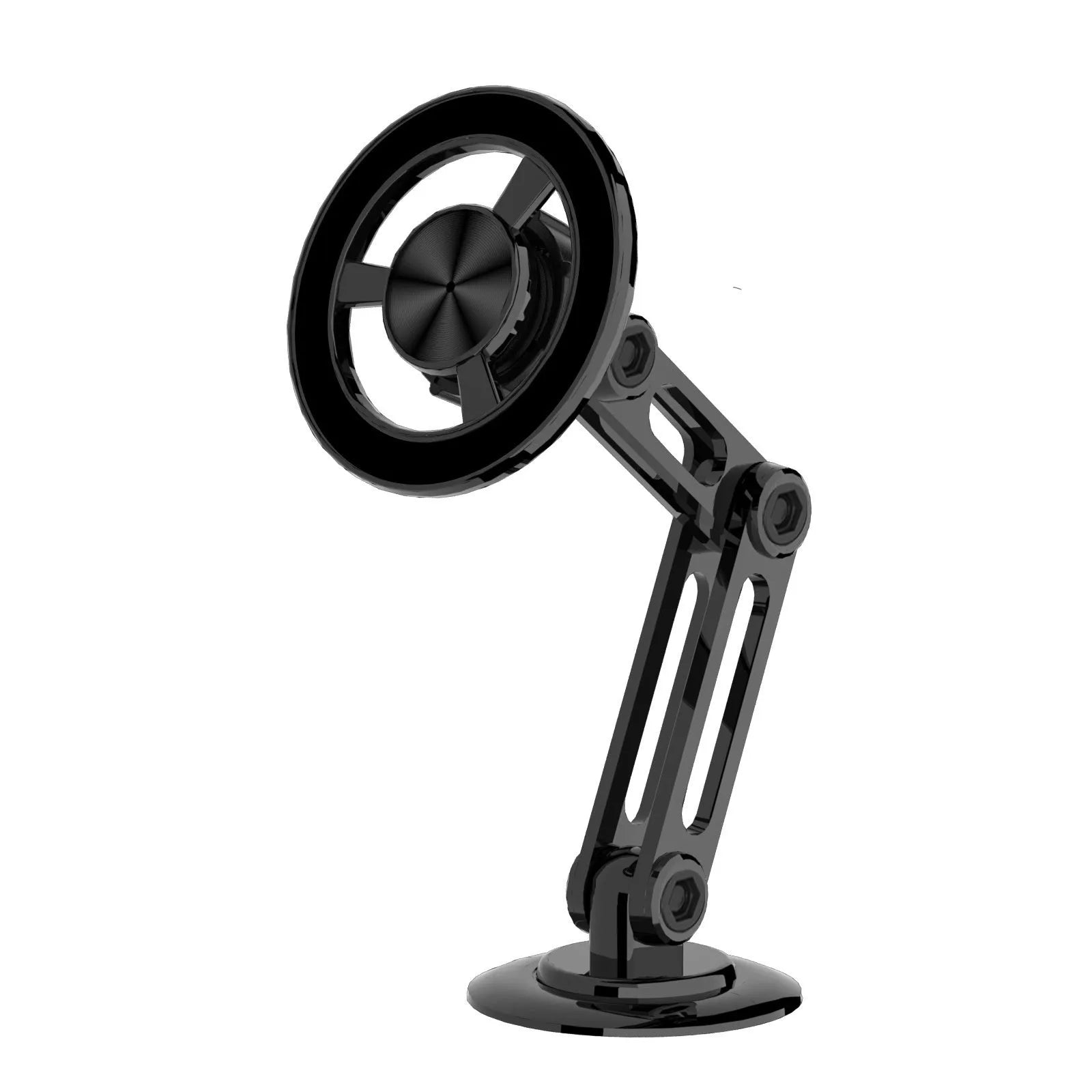 All-metal magnetic car phone holder in black, silver, gold, and rose gold colours with magnetic rings and adhesive pads
