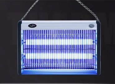 A white electric mosquito killing lamp with a purple UV glow, suitable for indoor use in homes and restaurants.