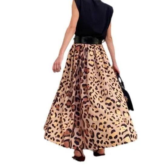 Women's brown leopard print A-line long skirt in polyester fabric
