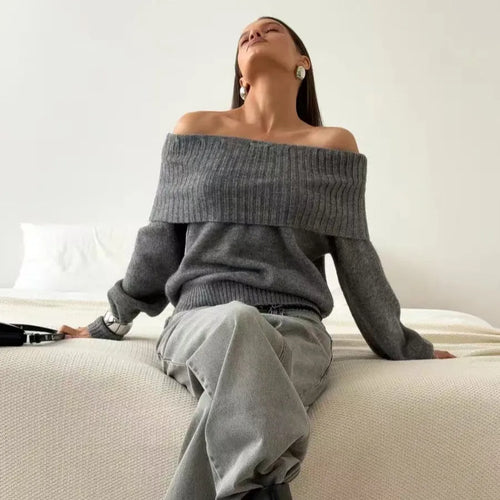 Grey off-the-shoulder women's sweater with 3D pattern and strapless design
