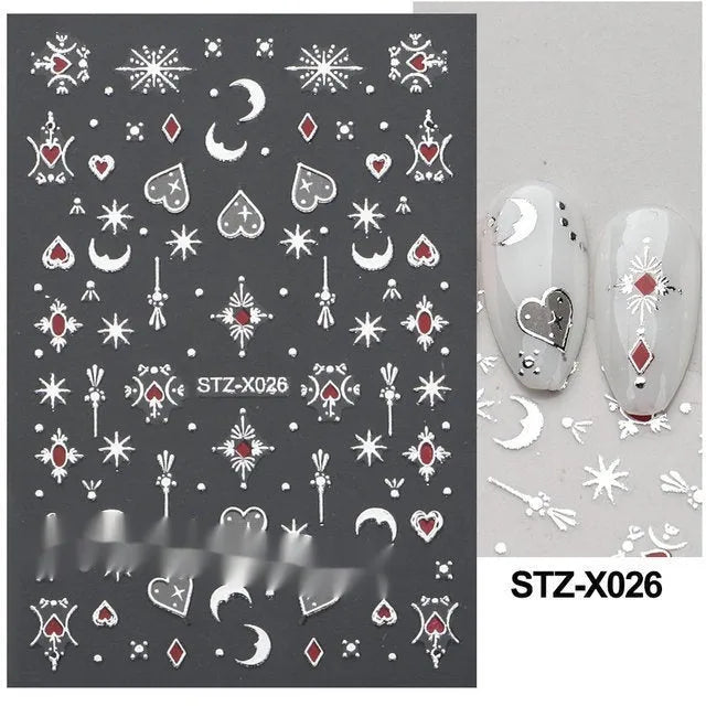 Close-up of a cartoon-style nail sticker with black and silver strips and a love pattern design on a fingernail.