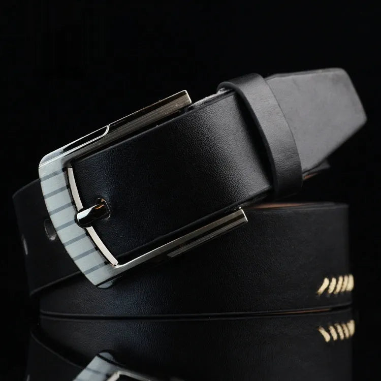 Men's retro style pin buckle casual belt in black with threading pattern, alloy buckle, 110cm length