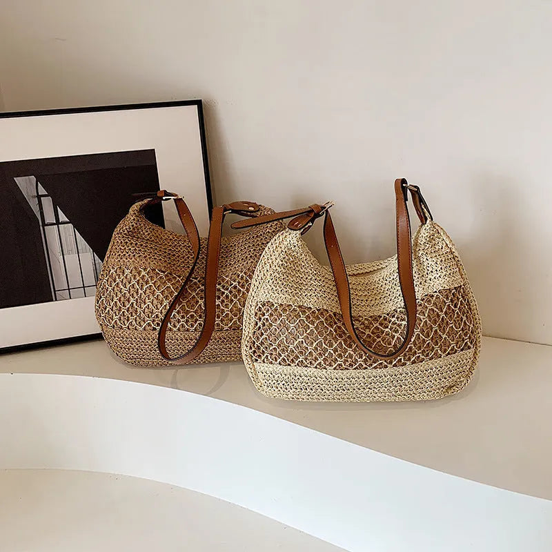 Women's casual straw crossbody bag in khaki colour with horizontal square shape and adjustable shoulder strap