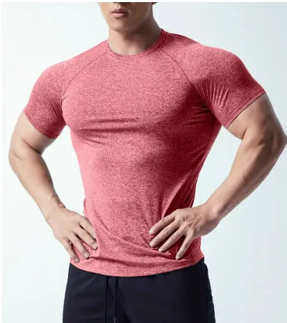 Men's black quick-dry polyester casual short sleeve t-shirt on a hanger.