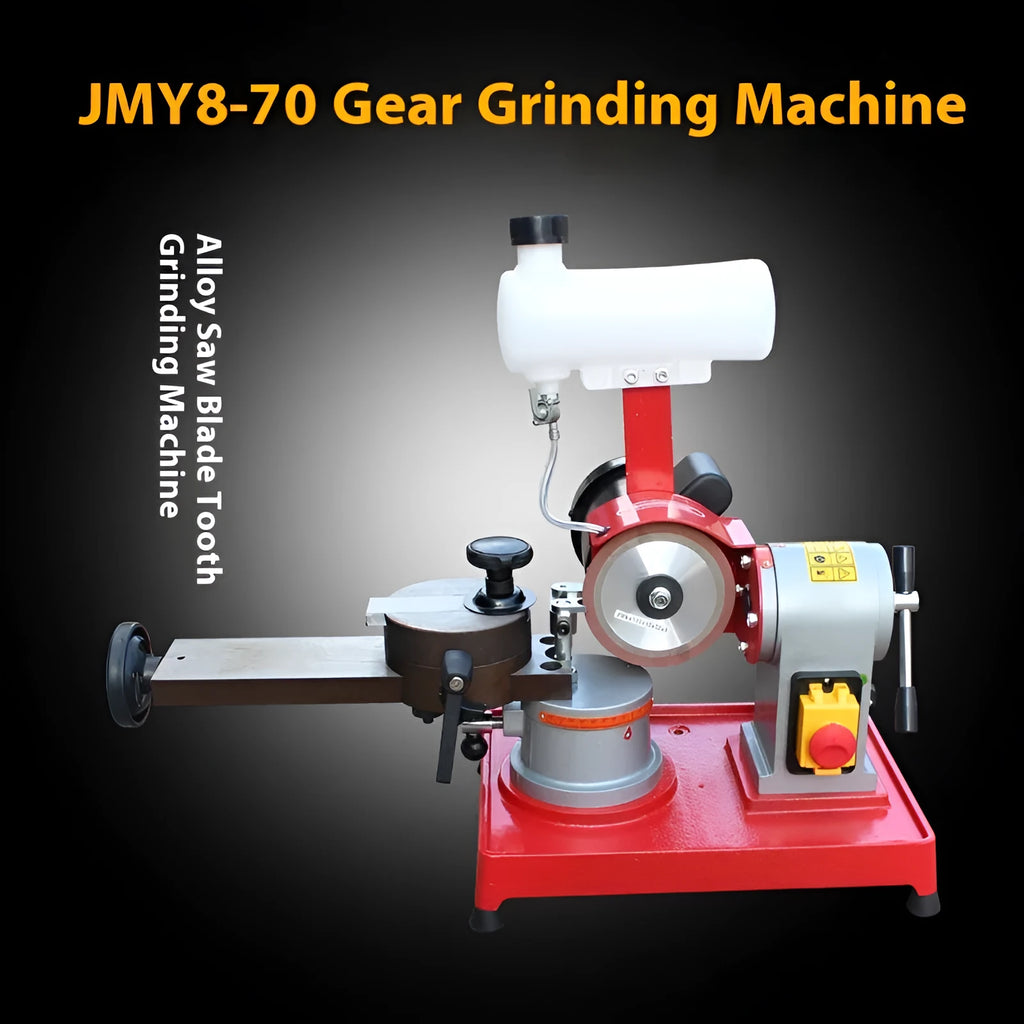 Small manual gear grinding machine for sharpening alloy circular saw blades on workbench