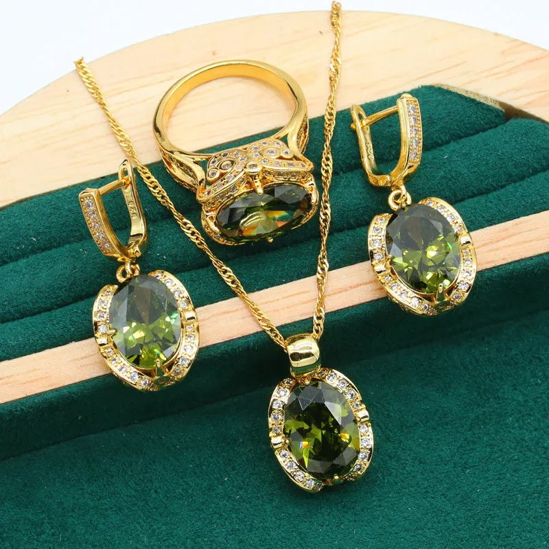 Women's full rhinestone zircon jewellery set showing necklace with snake bone chain, earrings, and ring in copper with electroplated finish