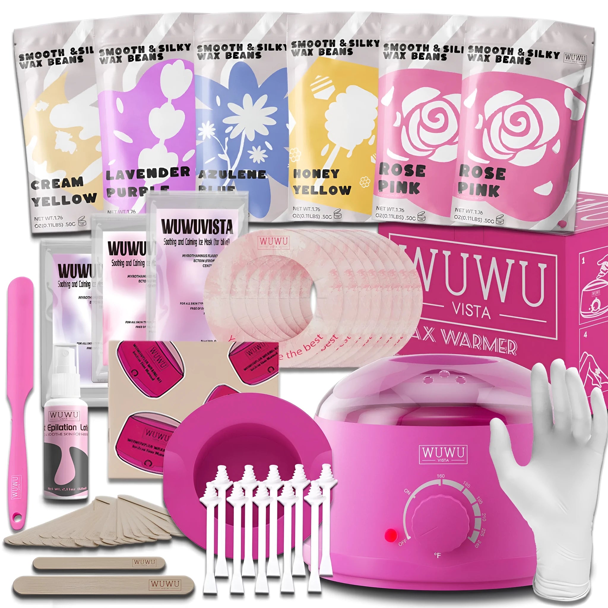 WUWUVISTA 56 piece professional waxing kit with wax warmer, coloured wax beads, applicators, and aftercare products