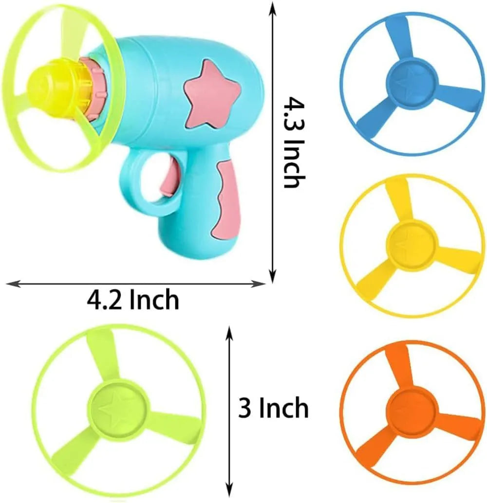 Blue plastic cat toy gun with spinning frisbee for indoor feline entertainment