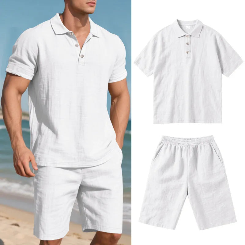 Men's loose-fit linen blend shorts suit in light blue for summer, showing short-sleeve shirt and matching shorts.