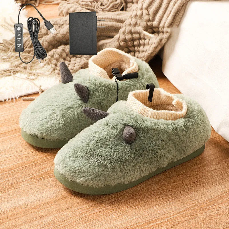 USB electric foot warmer slippers in black, grey, matcha green, and taro colours with soft velvet upper.