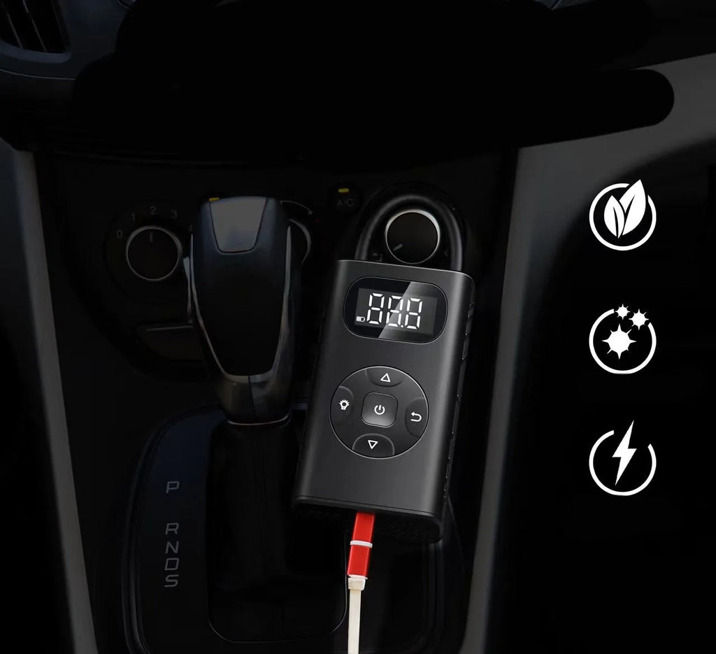 Black portable USB tyre inflator for cars motorcycles bicycles with digital display