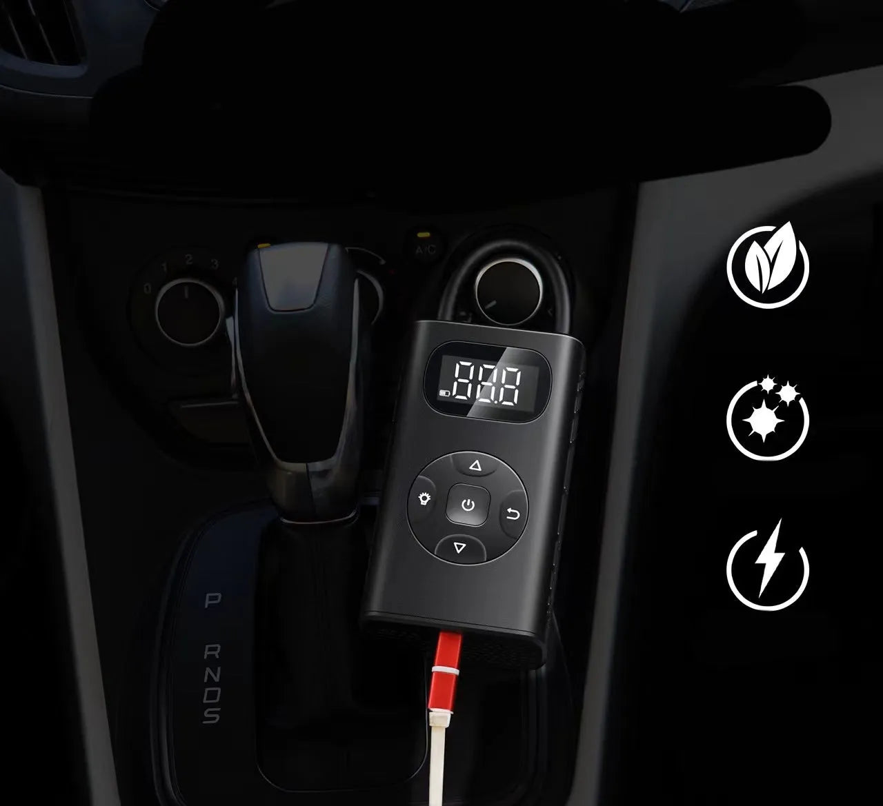 Black portable USB tyre inflator for cars motorcycles bicycles with digital display