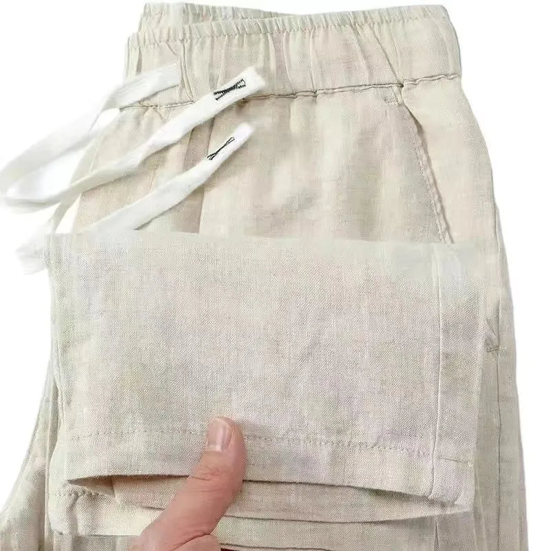 Pure linen Chinese-style straight trousers with elastic waistband in multiple colour options