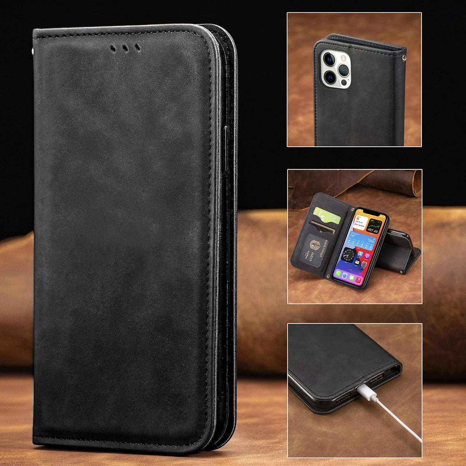 Blue TPU leather magnetic shockproof phone case for Apple iPhone with invisible bracket