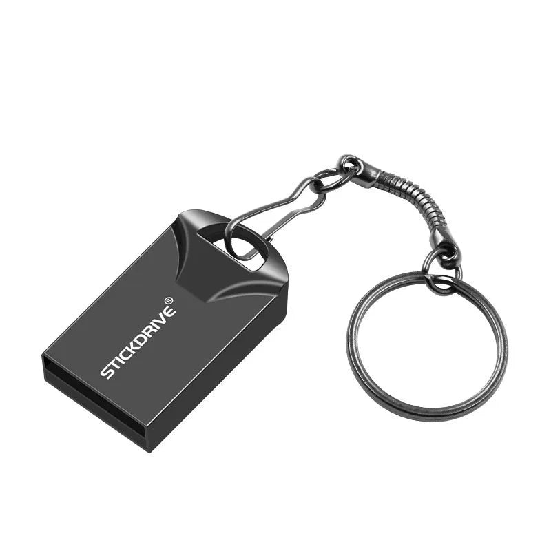 Metal USB flash drive on a silver chain necklace, showing black casing with options for lanyard or different chain attachments.