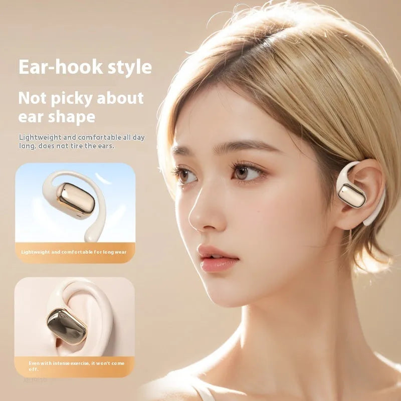 Ear-mounted wireless headphones with digital display screen in black, white, or skin colour options