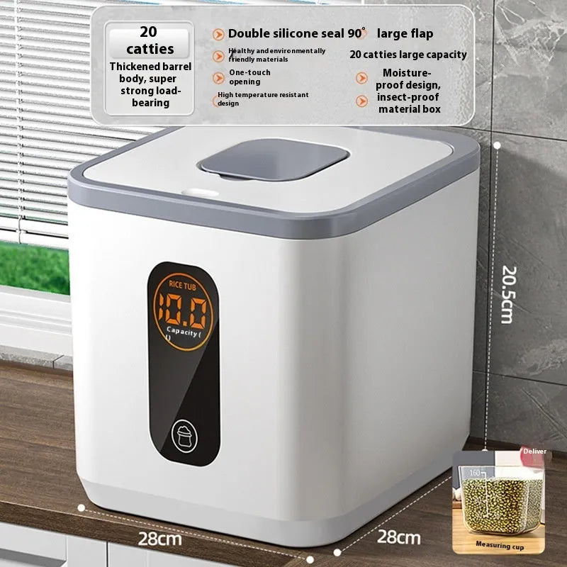 Grey plastic rice storage jar with lid and measuring cup for 10kg, 20kg, or 30kg capacity.