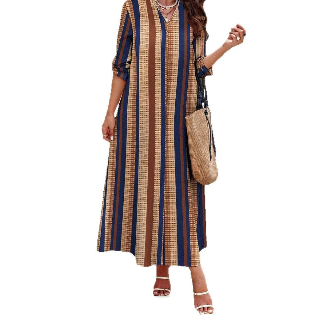 Camel colour women's vertical stripe V-neck pullover dress with long sleeves and A-line skirt