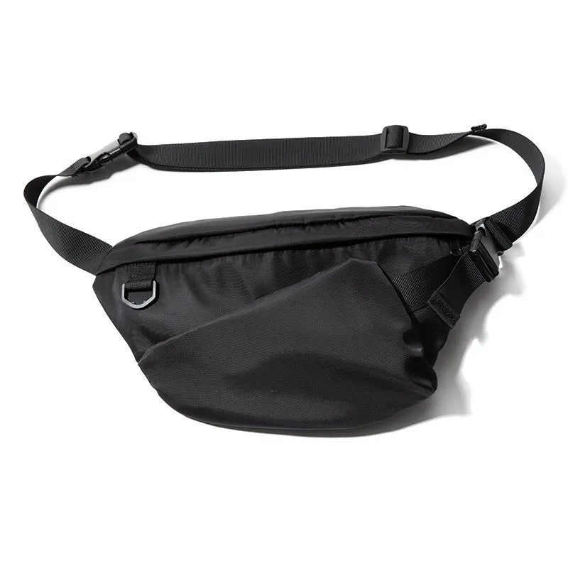 Black slanted chest bag with Oxford fabric construction and visible sewing lines