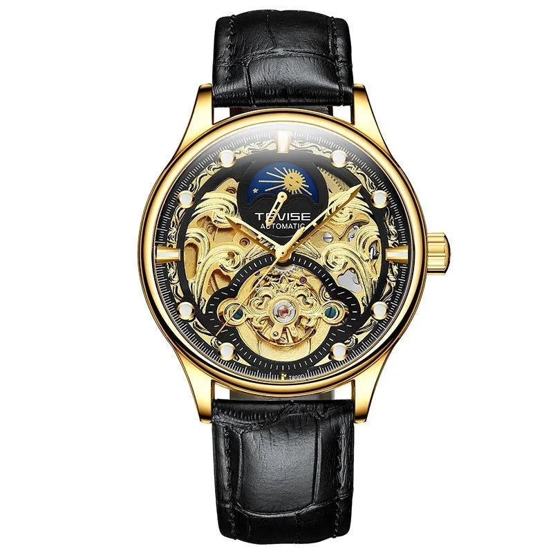 Gold and white leather strap automatic waterproof men's business watch