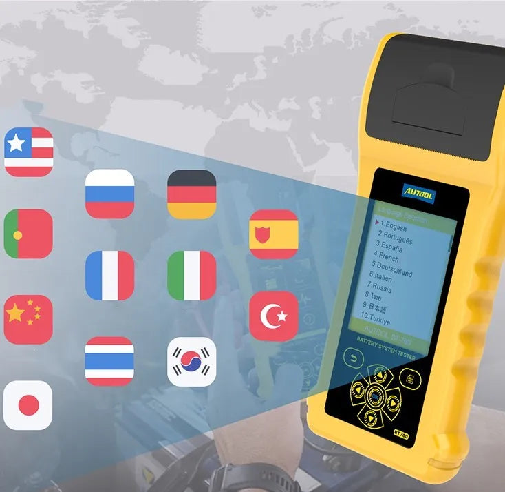 Autool BT760 vehicle battery tester with colour screen, clips, and thermal printer.