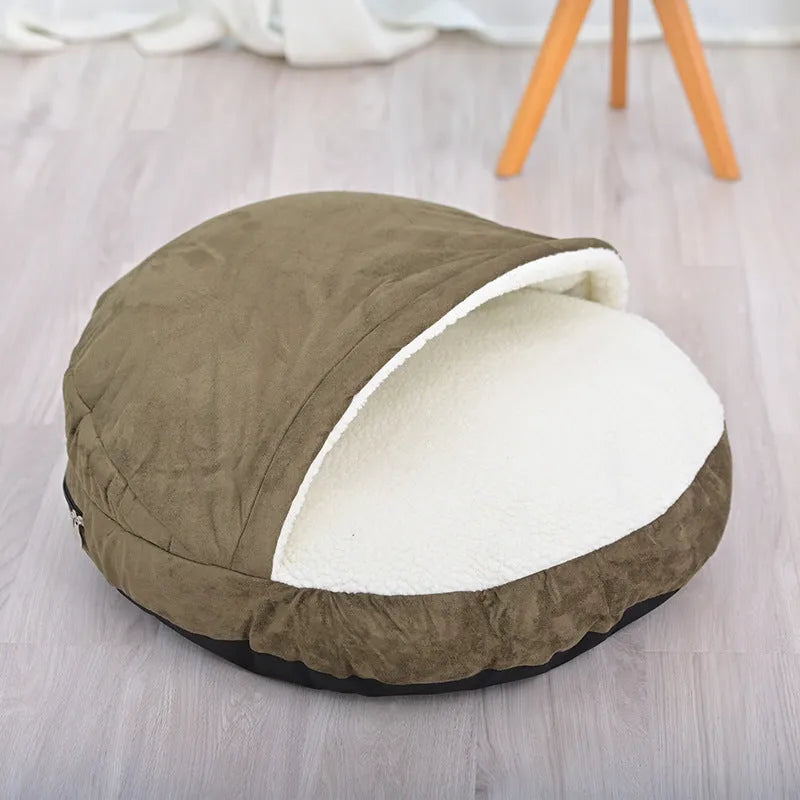 Brown removable cloth dog kennel shown in a small size next to a grey medium size variant.