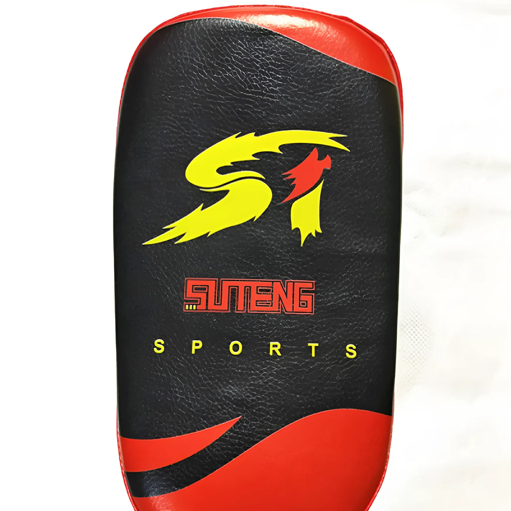 Black with red edges square martial arts hand target pad with a buckle strap.