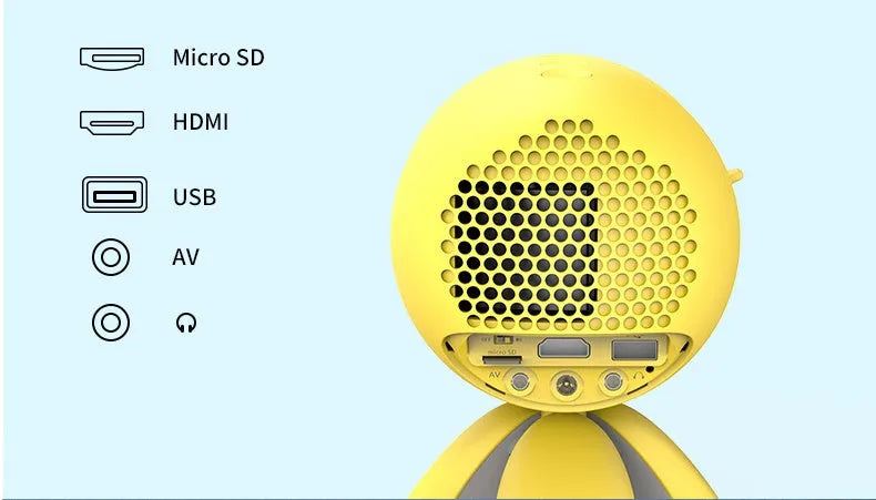 YG220 portable LED projector in white or yellow, showing front lens and compact size.