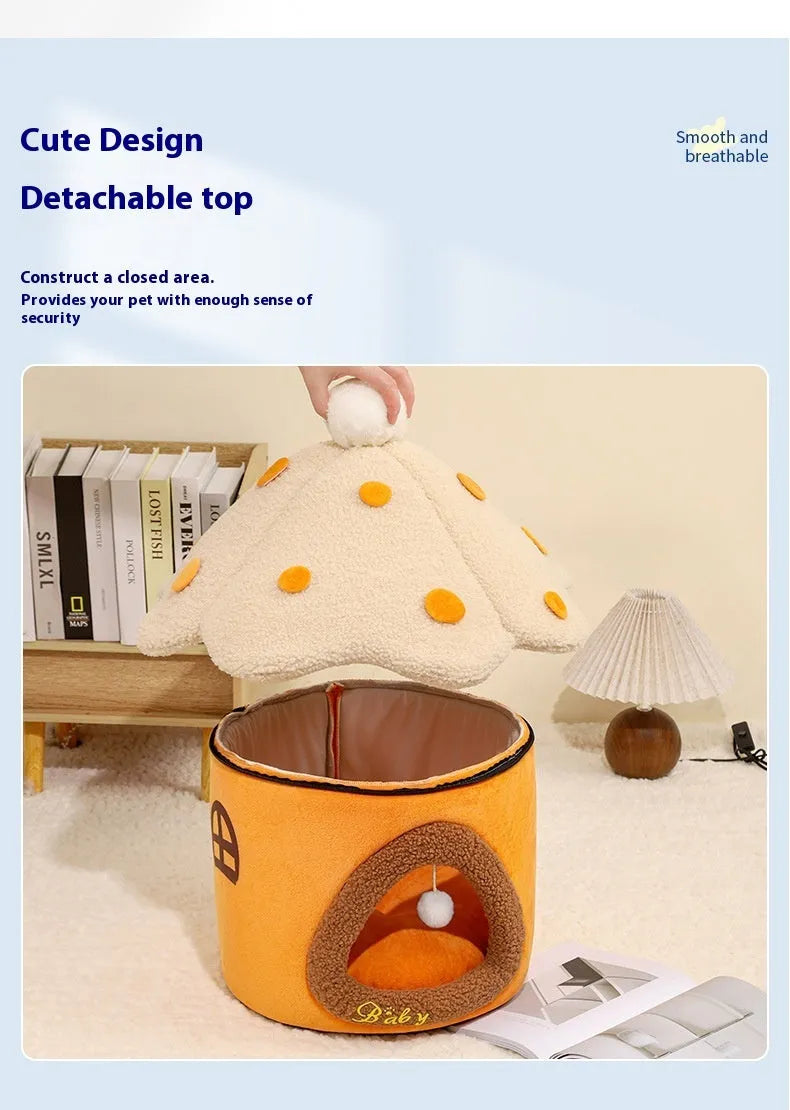 Removable mushroom house cat nest pet bed cloth in pink card upgrade M size 39cm