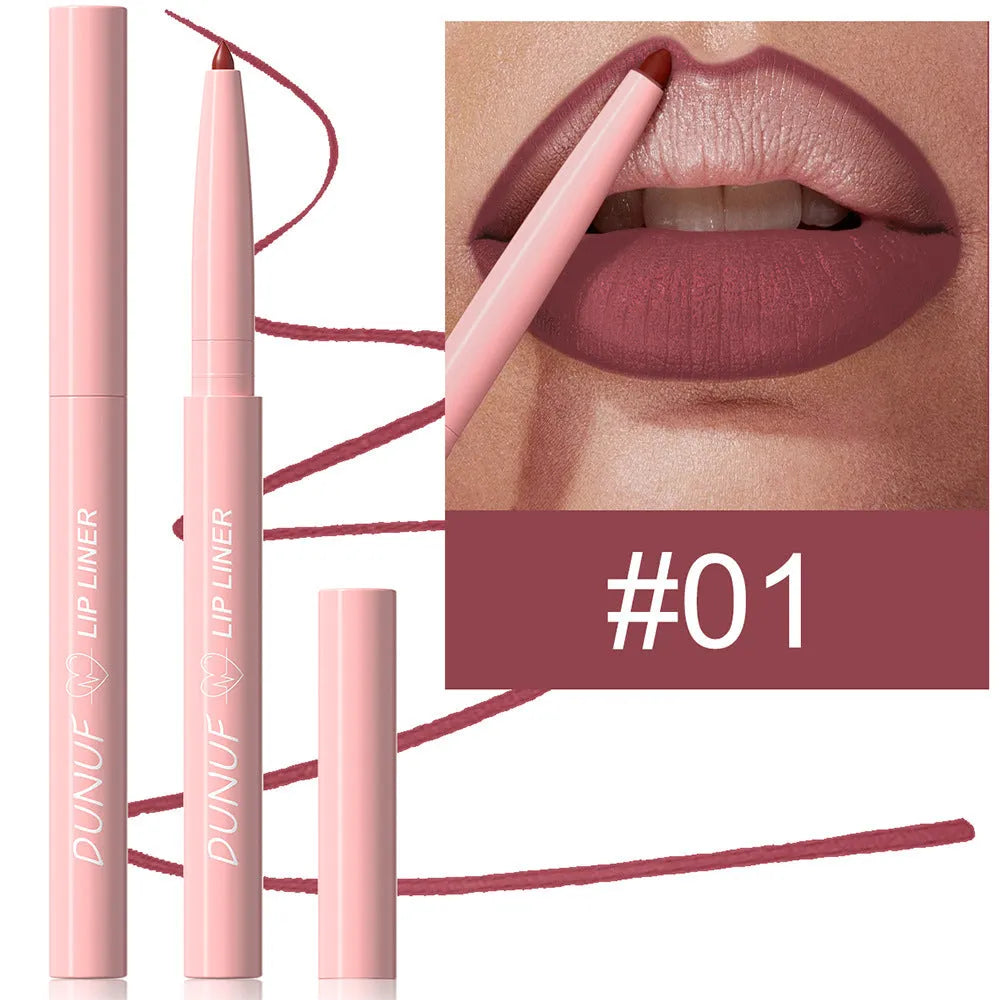 A single velvet matte lip liner pencil with 12 colour shade options shown, for precise lip definition.