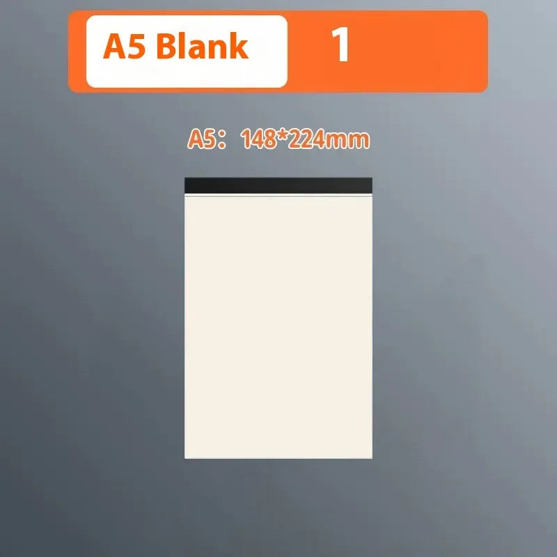 A5, B5 and A4 writing pads with blank, grid and lined page rulings.