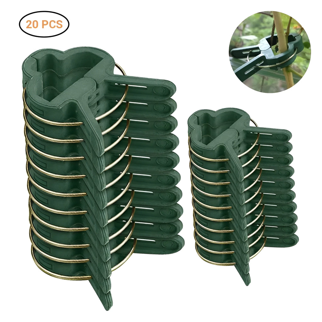 Green plastic and zinc plant fixing clips, large and small sizes, for training climbing vines and tomatoes.
