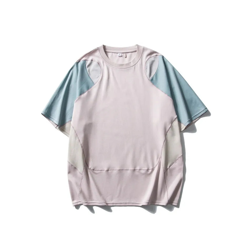 Men's loose fit blue patchwork sports T-shirt with raglan short sleeves on a hanger.