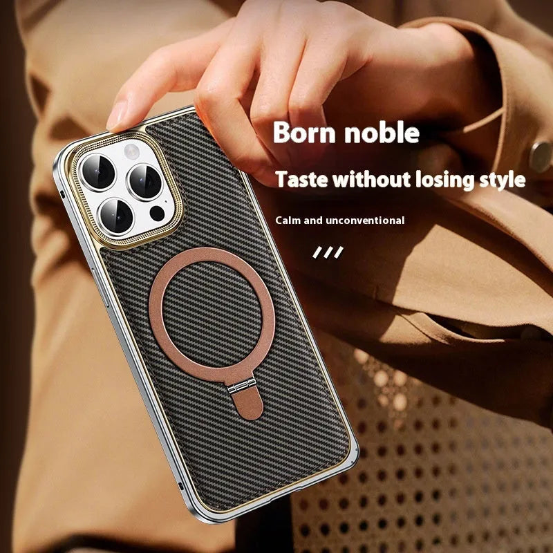 Metal frame carbon fiber pattern bracket phone case for Apple 14 in dark gray
