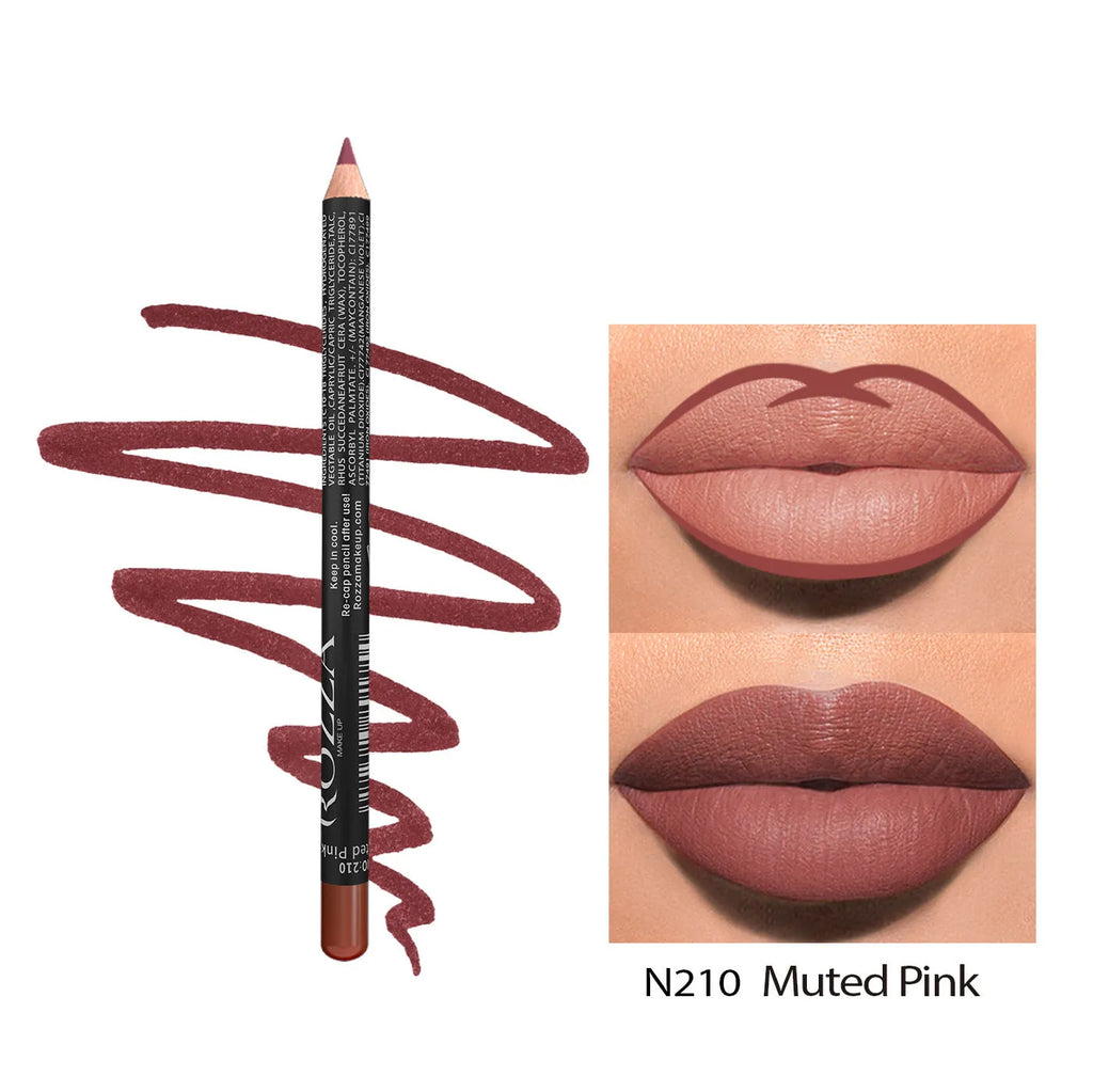 Matte lip liner pencil in a wooden tone shade from a set of 14 colours, shown on a hand.
