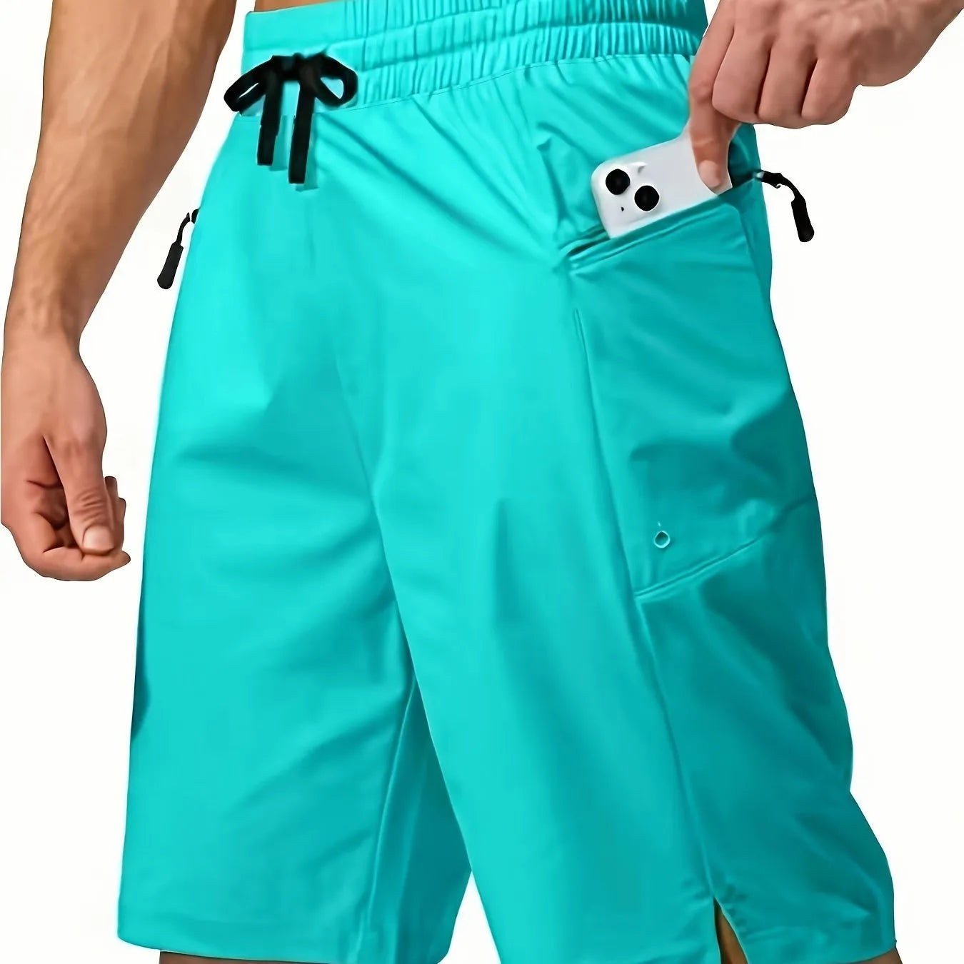 Men's solid colour quick-drying polyester beach shorts in straight cut
