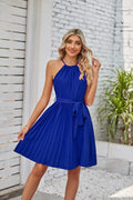 Women's black halter neck strapless sundress with pleated skirt and adjustable waist belt