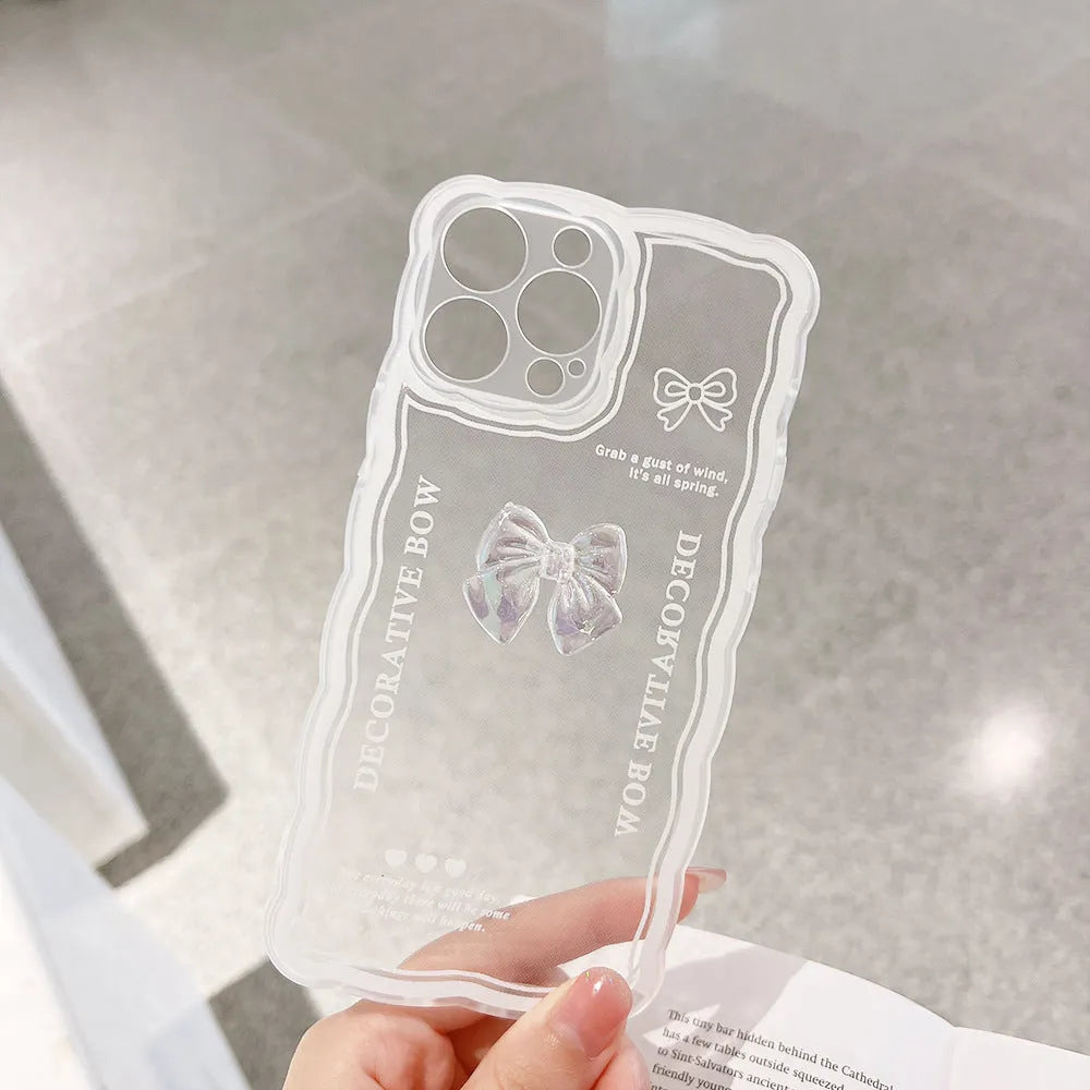 Transparent iPhone case with three-dimensional bow design and optional white love lanyard
